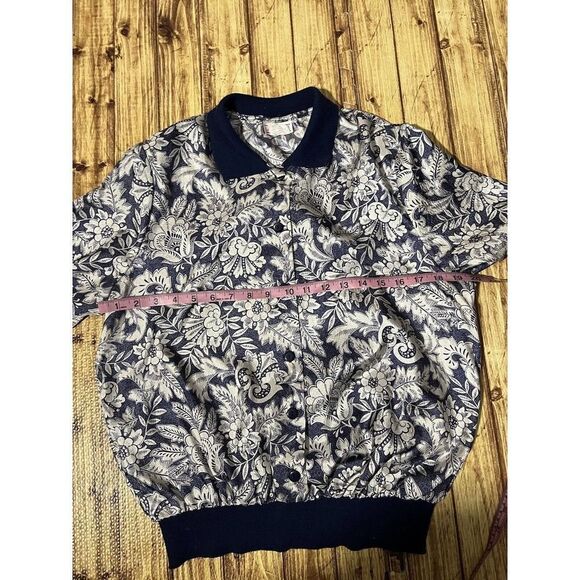 Vintage Lauren Lee Blue And White Floral Womens Blouse Padded Shoulders Size 14 - Picture 9 of 10